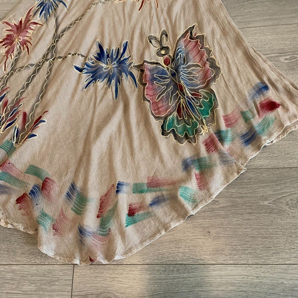 Boho Women Butterfly Embroidered Handkerchief Hem Dress Brown Artsy Festival XL - Picture 6 of 7